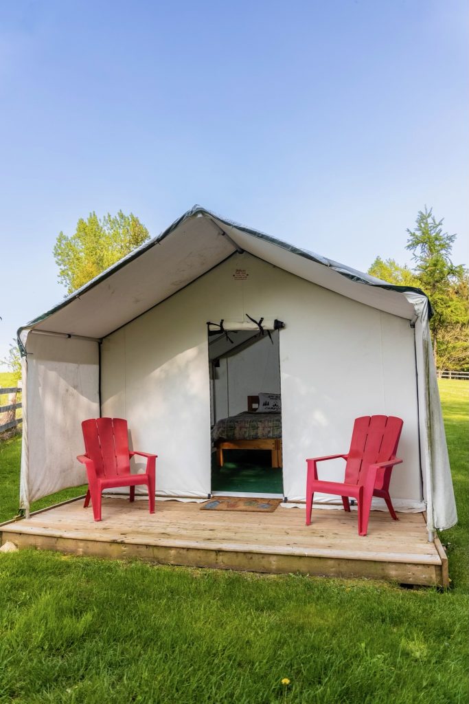 The Irvine glamping tent at Irvineside Farm, with a Douglas Mattress inside a Deluxe Wall Tent.