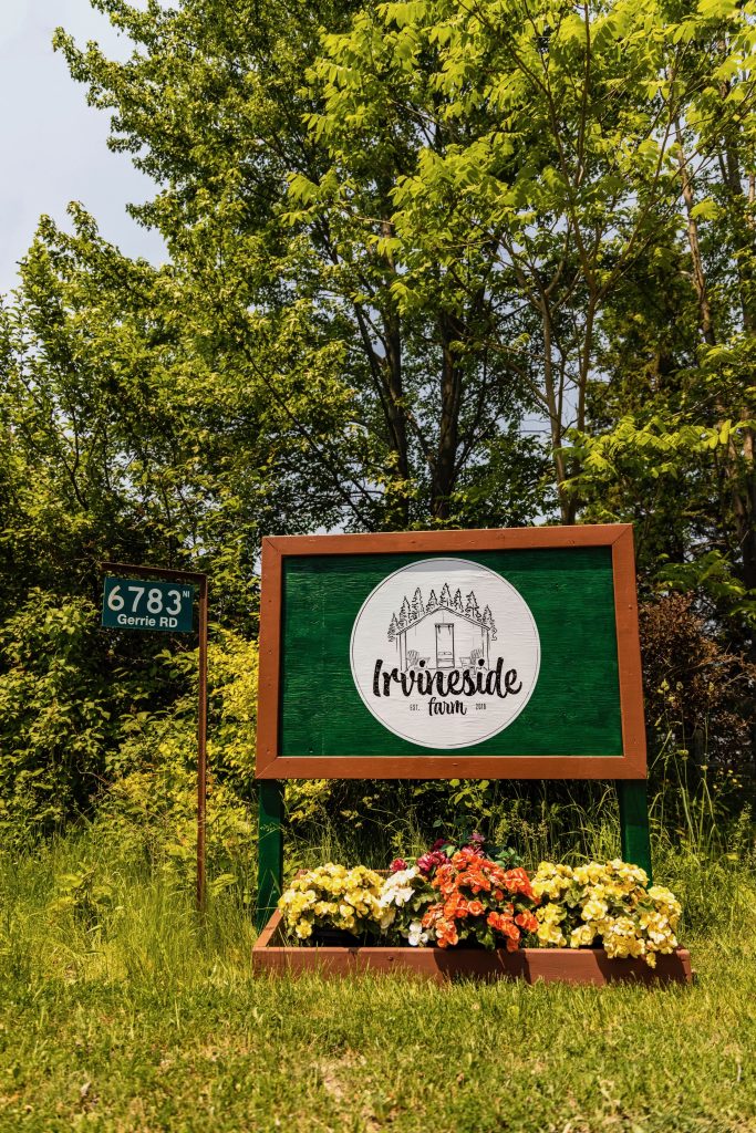 Irvineside Farm sign at the end of the laneway with 6783 Gerrie Road fire number.