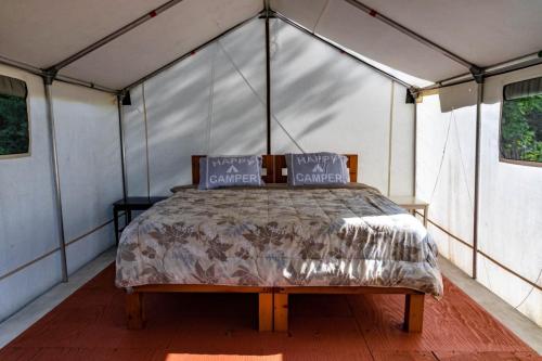 KIng-sized Douglas Mattress (Canadian-made) inside The Gorge glamping tent at Irvineside Farm.